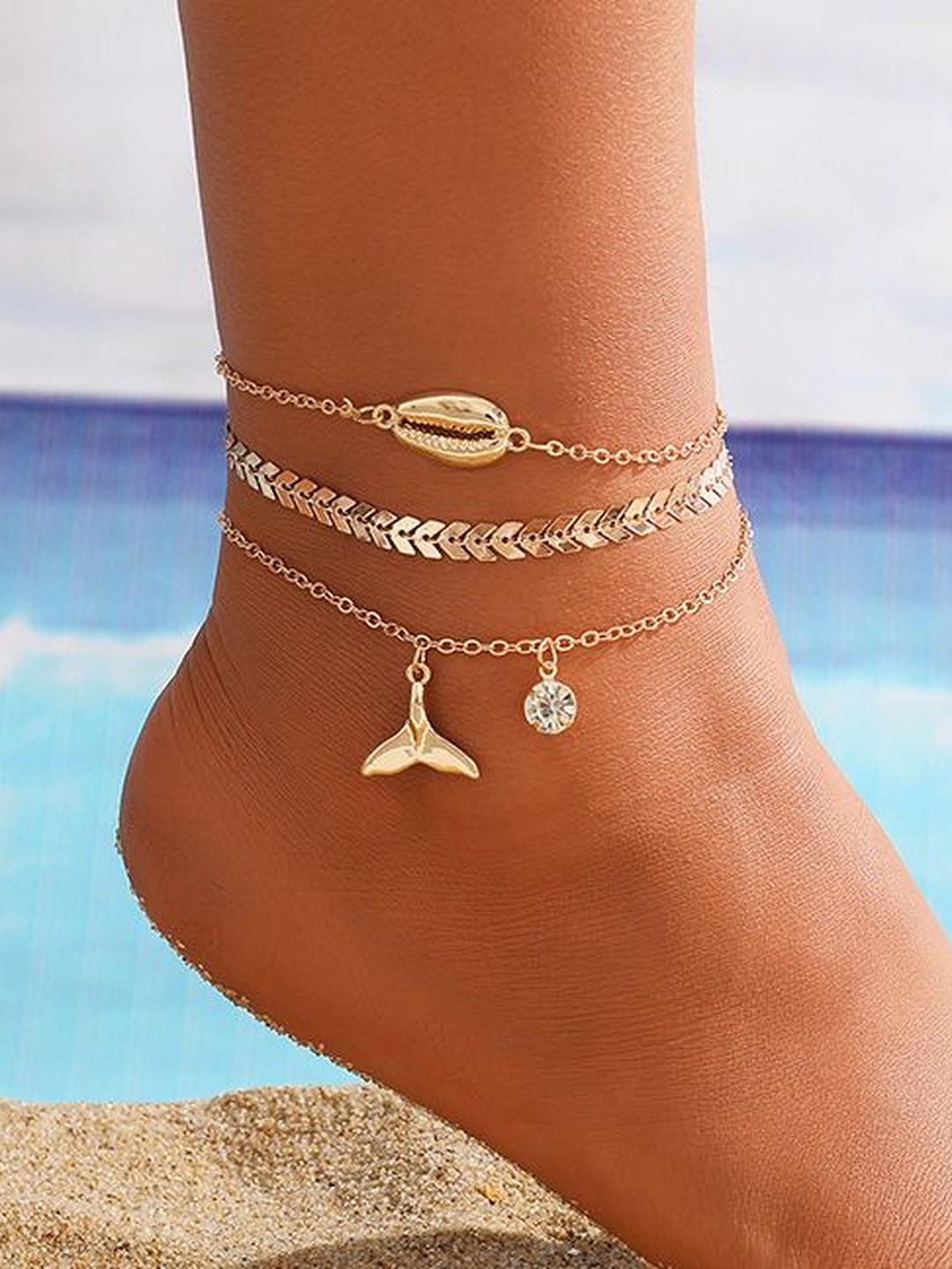 Stoln Set Of 3 Artificial Stones Studded Shell Wheat Fishtail Shaped Anklets