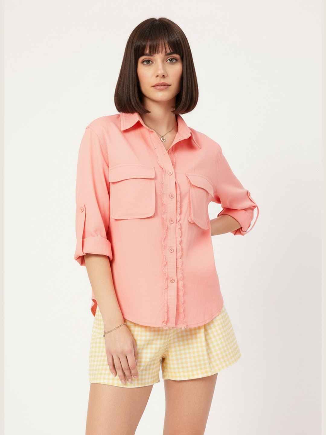 DressBerry Everyday Utility Roll-Up Sleeves Fringed Placket Pockets Shirt