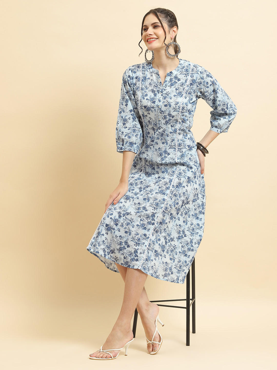 Shree women Cotton mandarin collar cuffed sleeves floral print a-line maxi dress