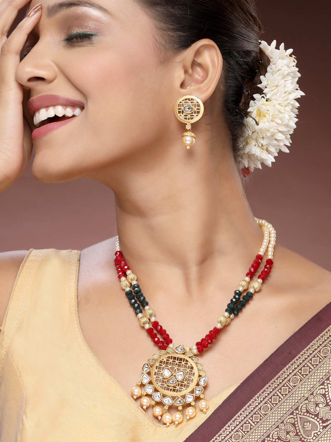 ADIVA 22K Gold Plated Kundan Stone Studded & Beaded Jewellery Set