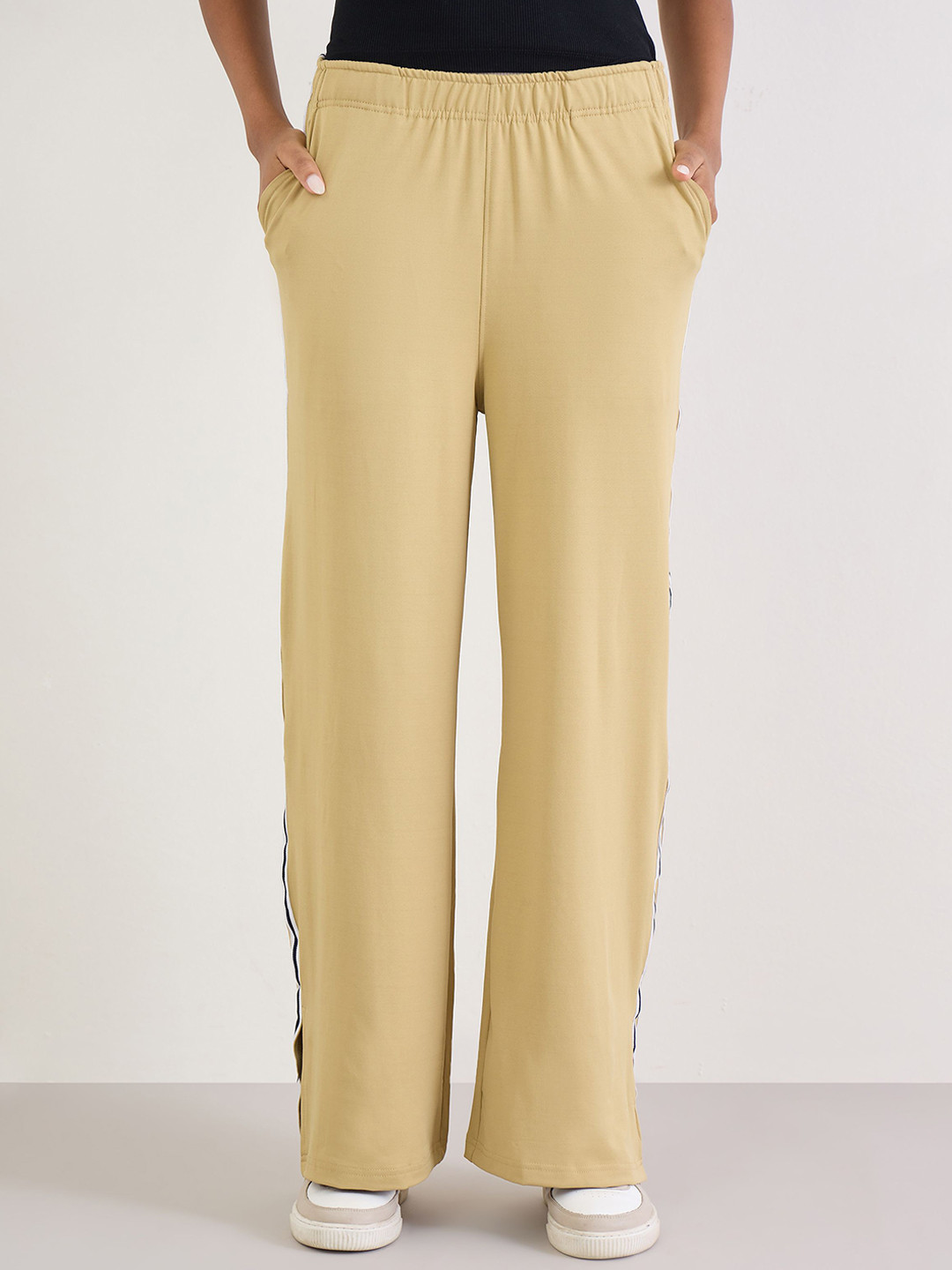 Styli Women Striped Pure Cotton Wide Leg Joggers With Side Seam Slit