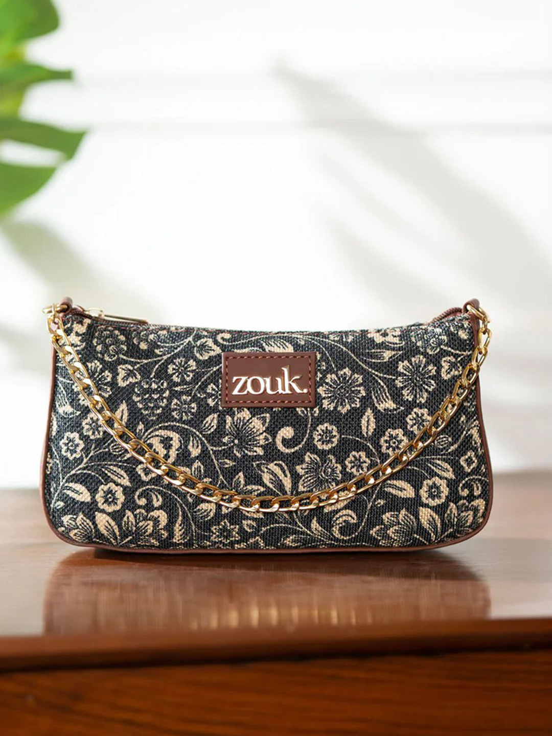 ZOUK Black Floral Printed Structured Baguette Bag with Applique