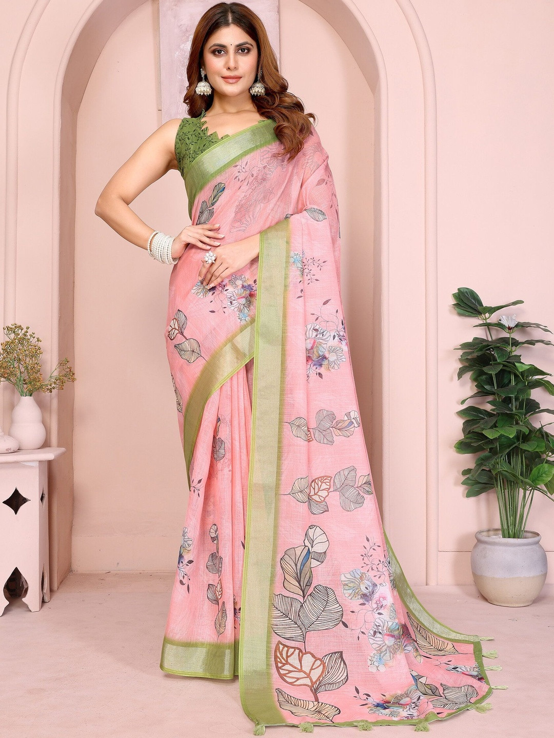 PRISHA FASHION Woven Design Floral Printed Pure Cotton Banarasi Saree