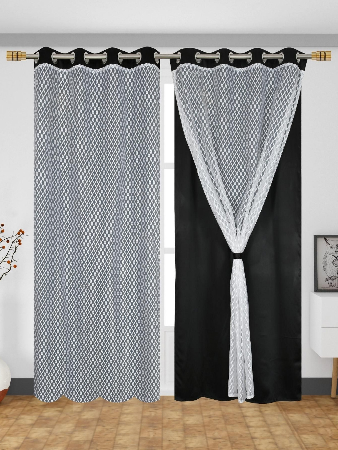 Aura Black & White 2 Pieces Geometric Black Out Silk Door Curtains