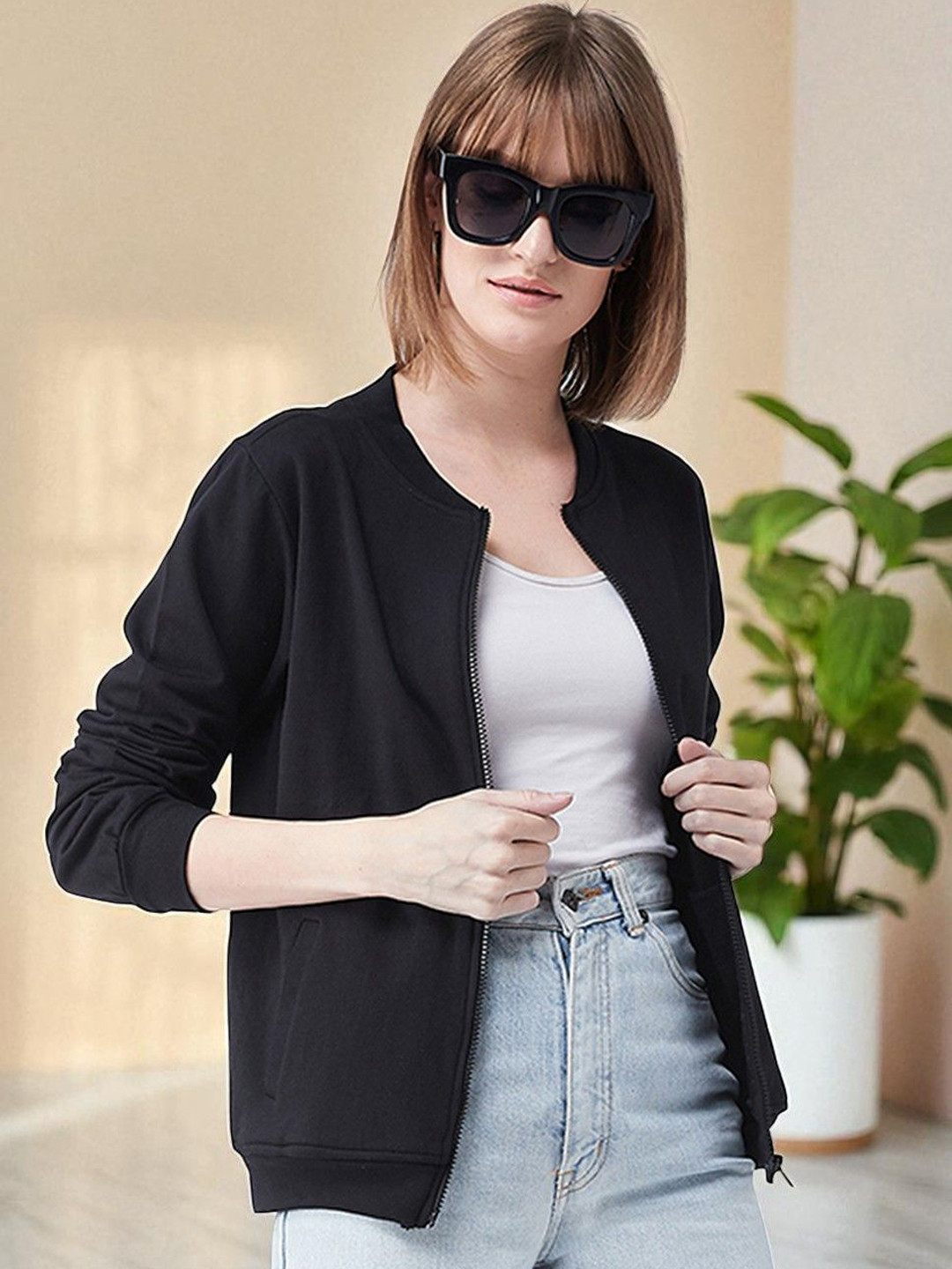 Mast & Harbour Women's Collared Full sleeves Solid Bomber Ribbed Regular length Jacket