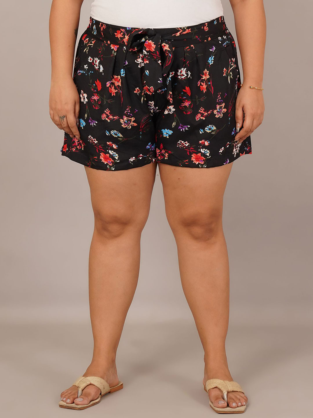 ANGOORI FASHION Women Plus Size Floral Printed Regular Fit Mid-Rise Hot Pants Shorts