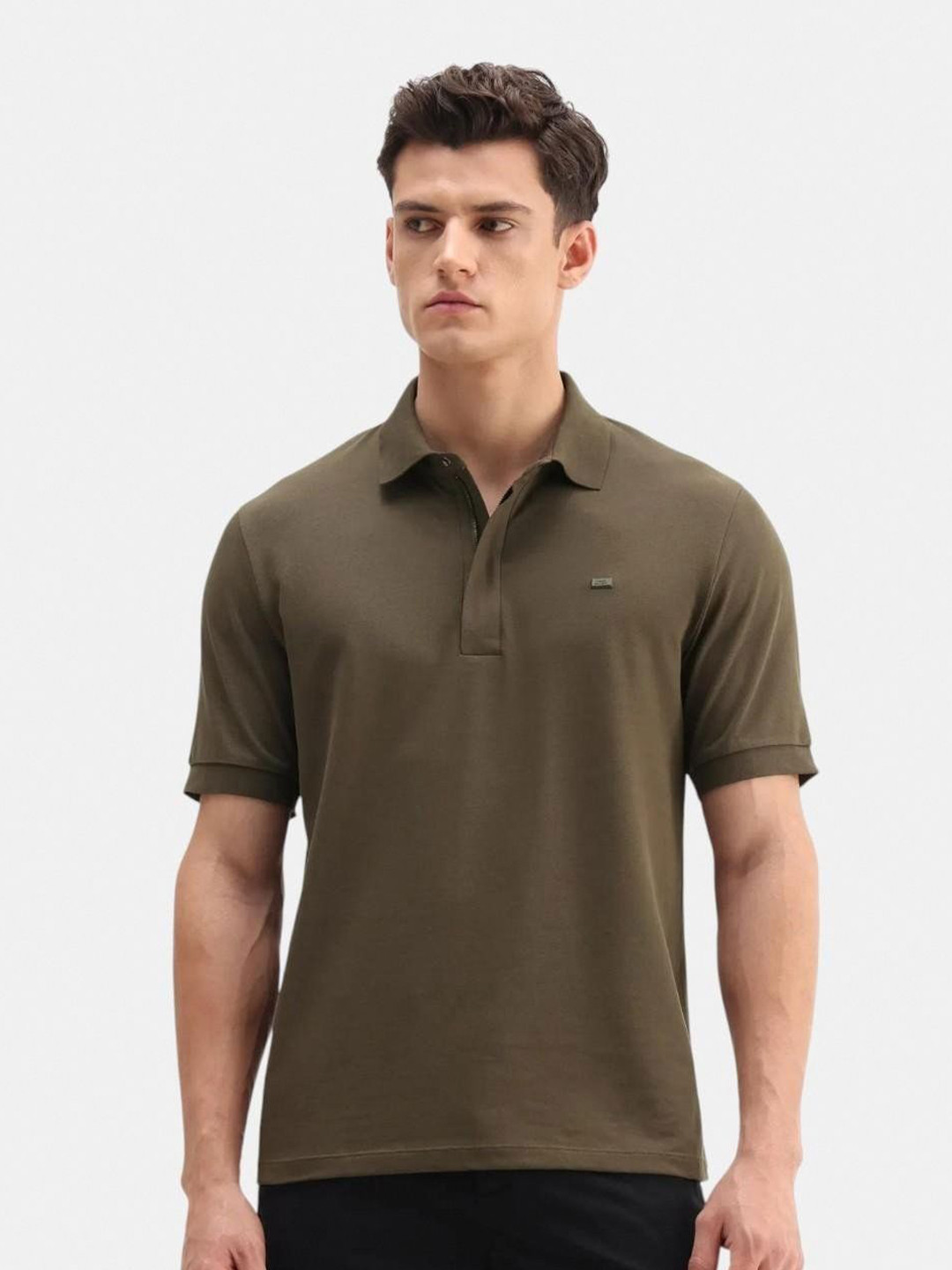 RARE RABBIT Men Plain Spread Collar Half Sleeve Cotton Blend Regular Fit Polo T-Shirt