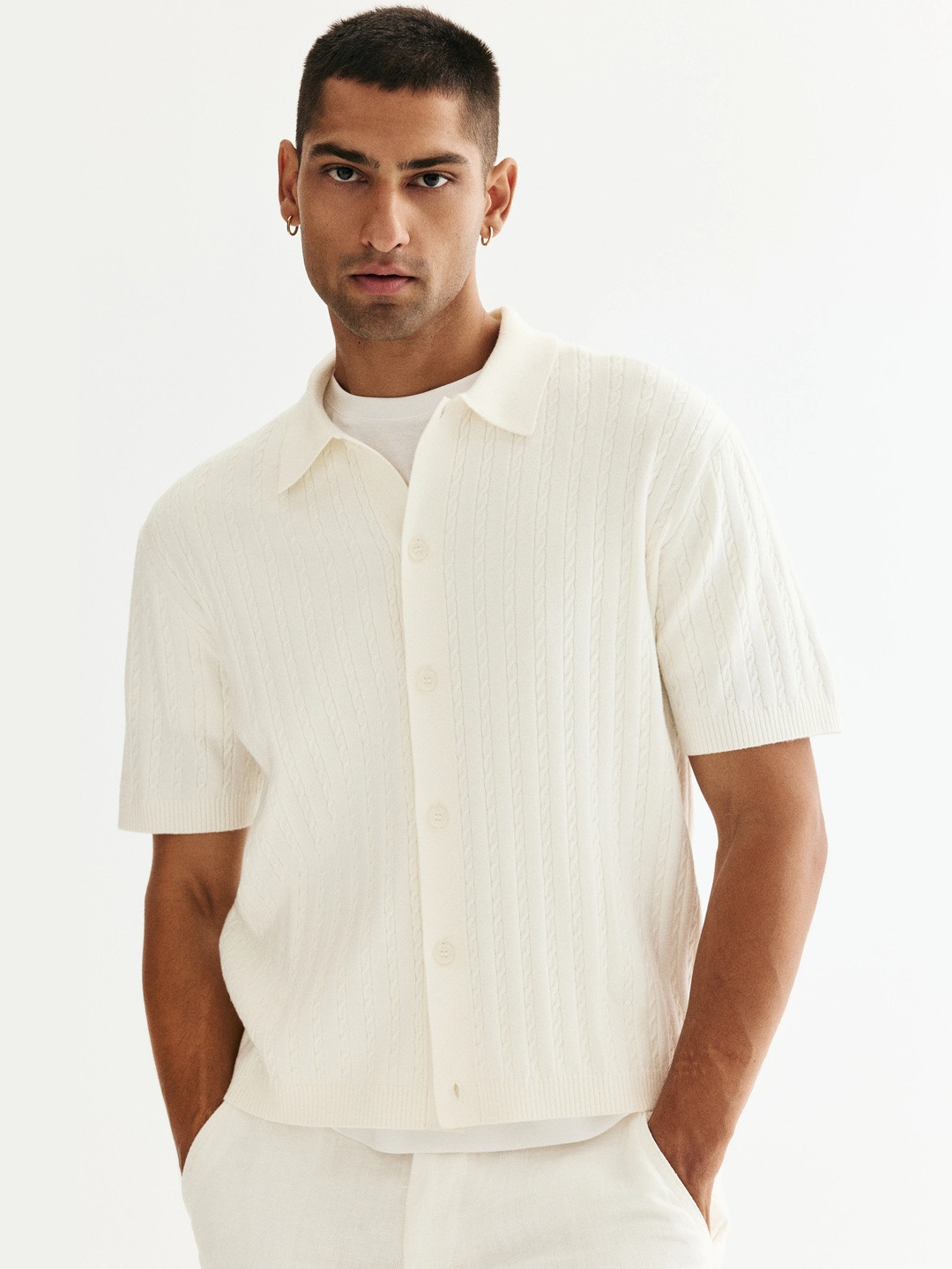 H&M Regular Fit Cable-Knit Short-Sleeved Shirt