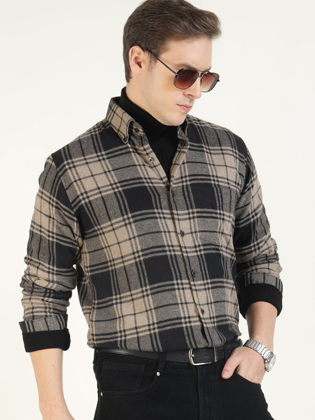 Hancock Men Tartan Plaided Checked Flannel Weave Slim Fit Casual Shirt