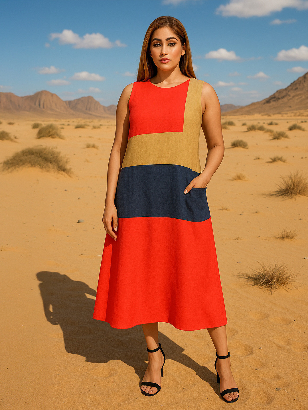 dhaaga Vesper Women Colourblocked A-Line Midi Dress