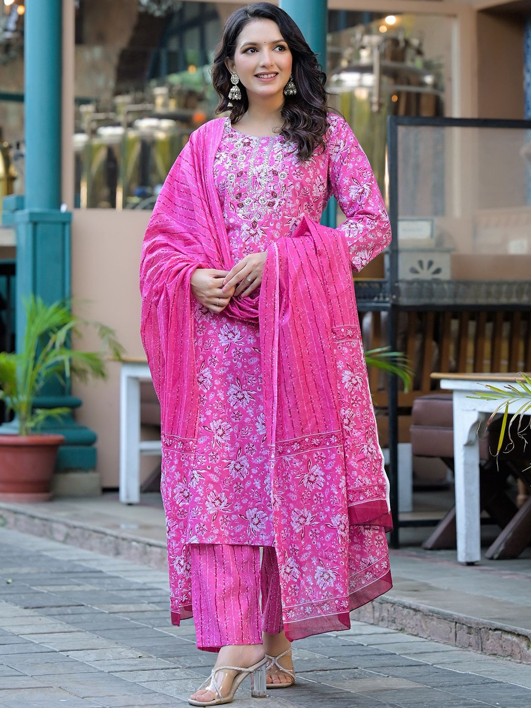 SHIFORY Women Floral Printed Regular Sequinned Pure Cotton Kurta Set With Dupatta