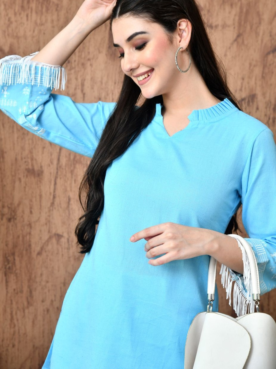 CRENOL THREADS Embroidered Mandarin Collar Fringed Sleeves Cotton Top