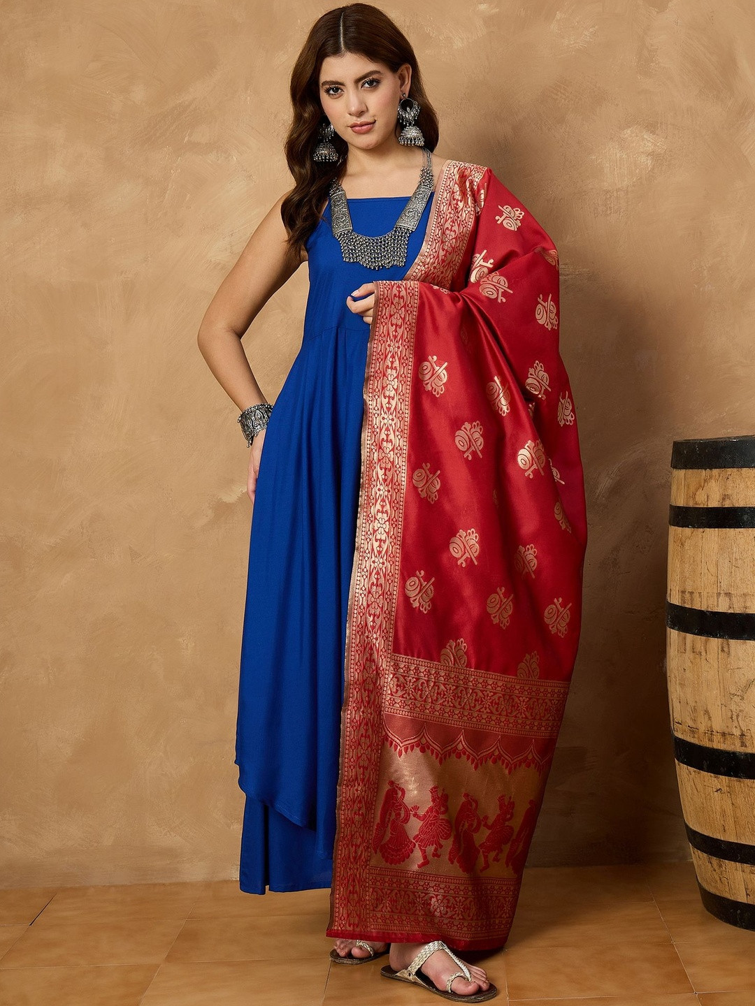 InWeave Sleeveless Shoulder Straps A-Line Kurta With Trousers & Dupatta