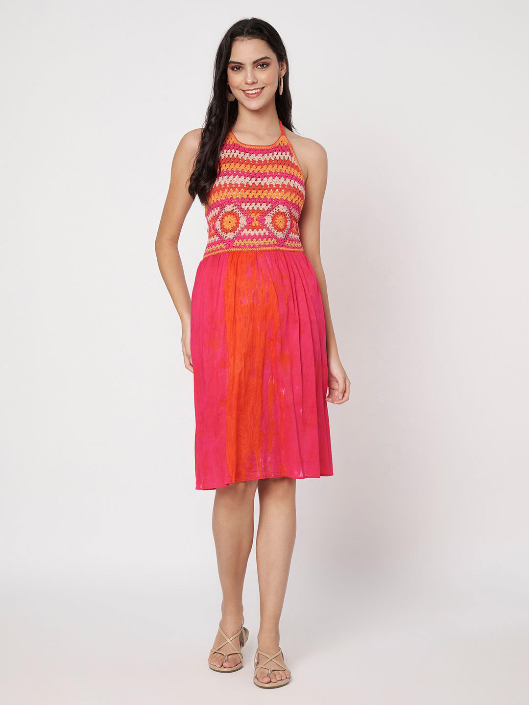 Amagyaa Self Design Halter Neck Crochet Fit & Flare Dress