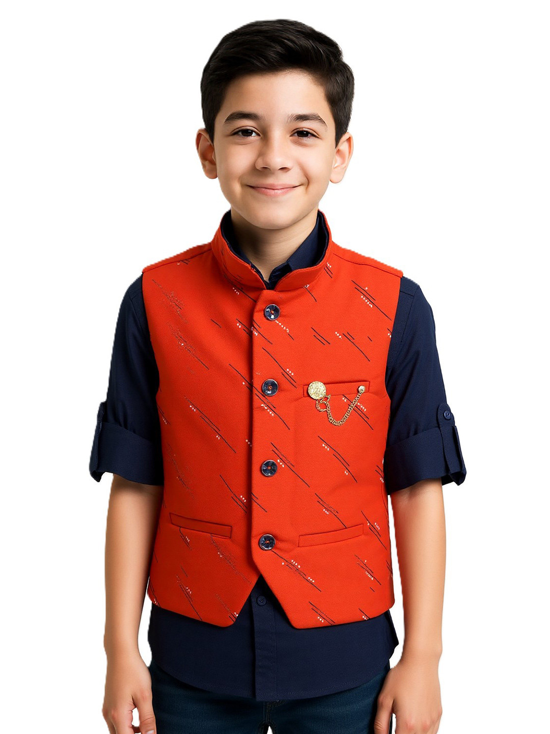 CHARCHIT Boys Red & Navy Blue Printed Nehru Jacket