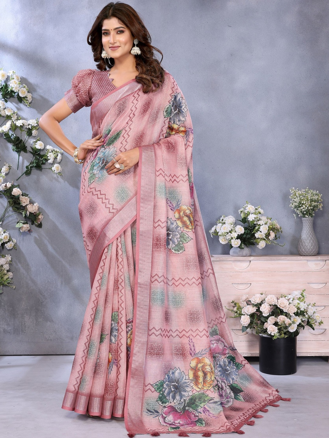 PRISHA FASHION Floral Printed Zari Border Bhagalpuri Saree with Blouse Piece