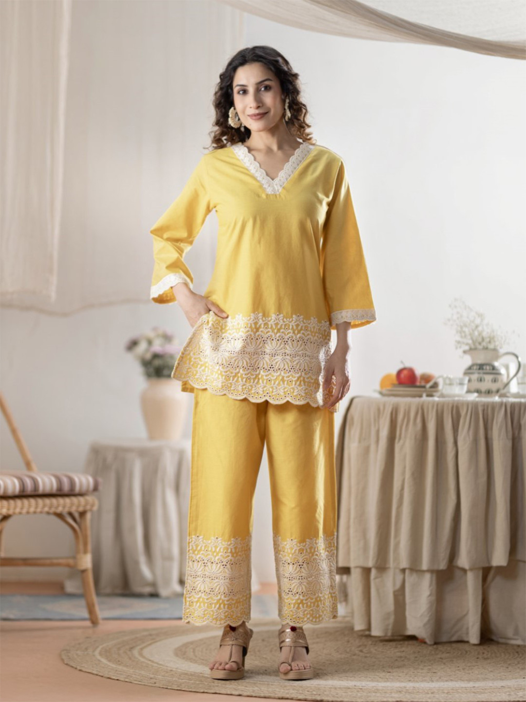 AUTUMN LANE Sharad Corn Embroidered V-Neck Pure Cotton Kurti & Trousers Co-ord Set