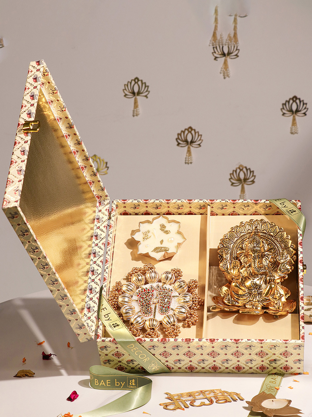 Art Street Laxmi Ganesh Idol and Laxmi Charan with Urli Diya Set Diwali Gift Hampers Box