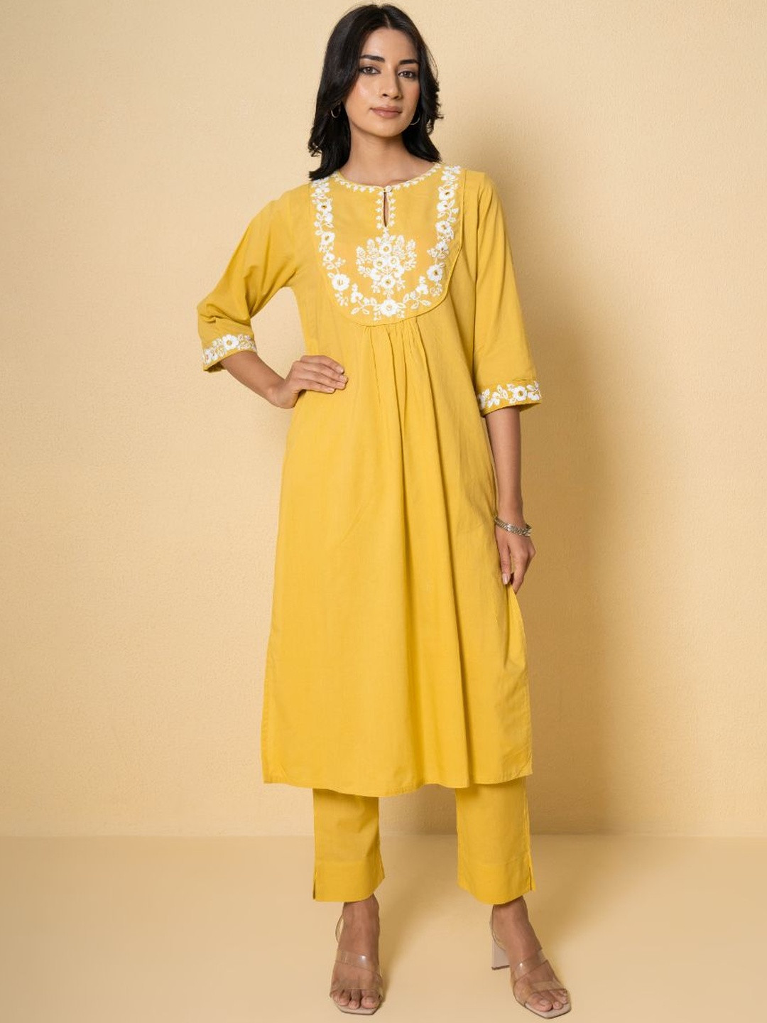 Pink Earth Floral Embroidered Round Neck Pure Cotton Kurta With Trousers
