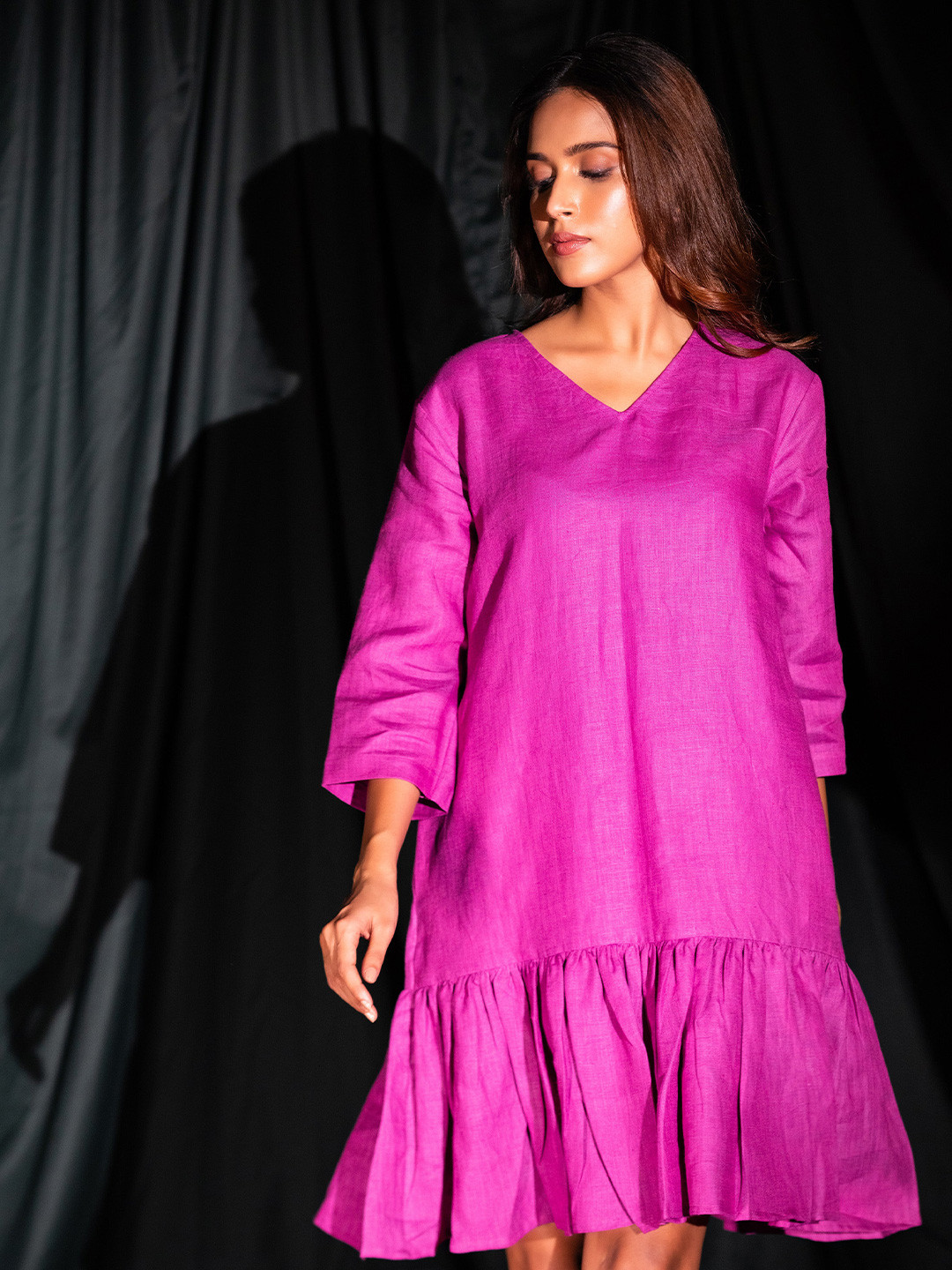 dhaaga Solid Linen A-Line Fleur Dress