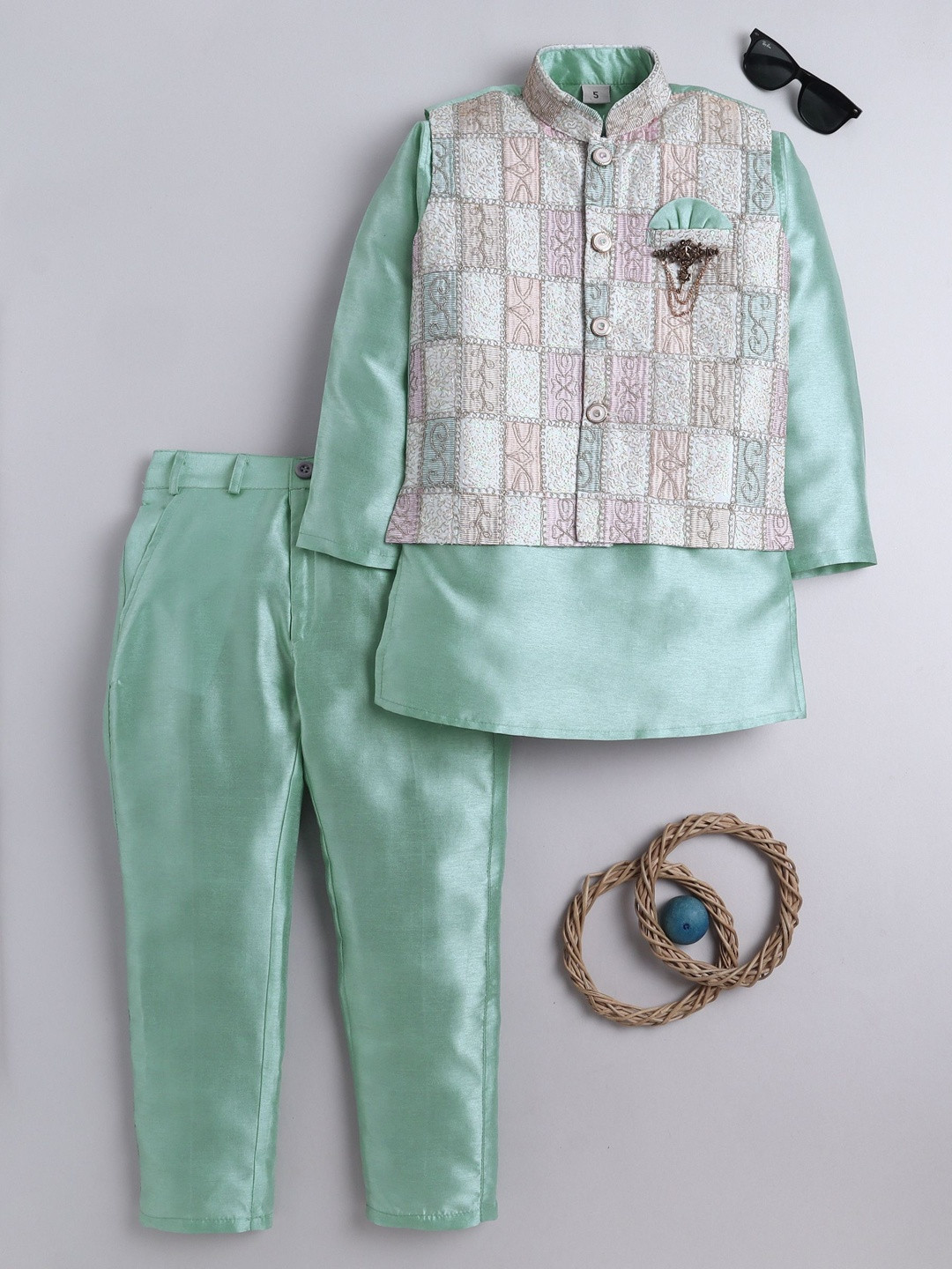 BT DEZINES Boys Band Collar Regular Kurta With Trousers & Waistcoat