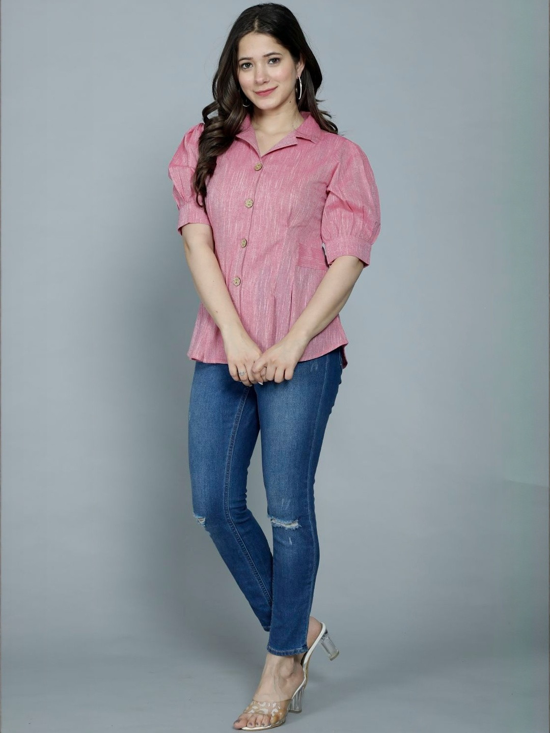 JKP COLLECTIONS Women Self Design Puff Sleeve Shirt Style Top