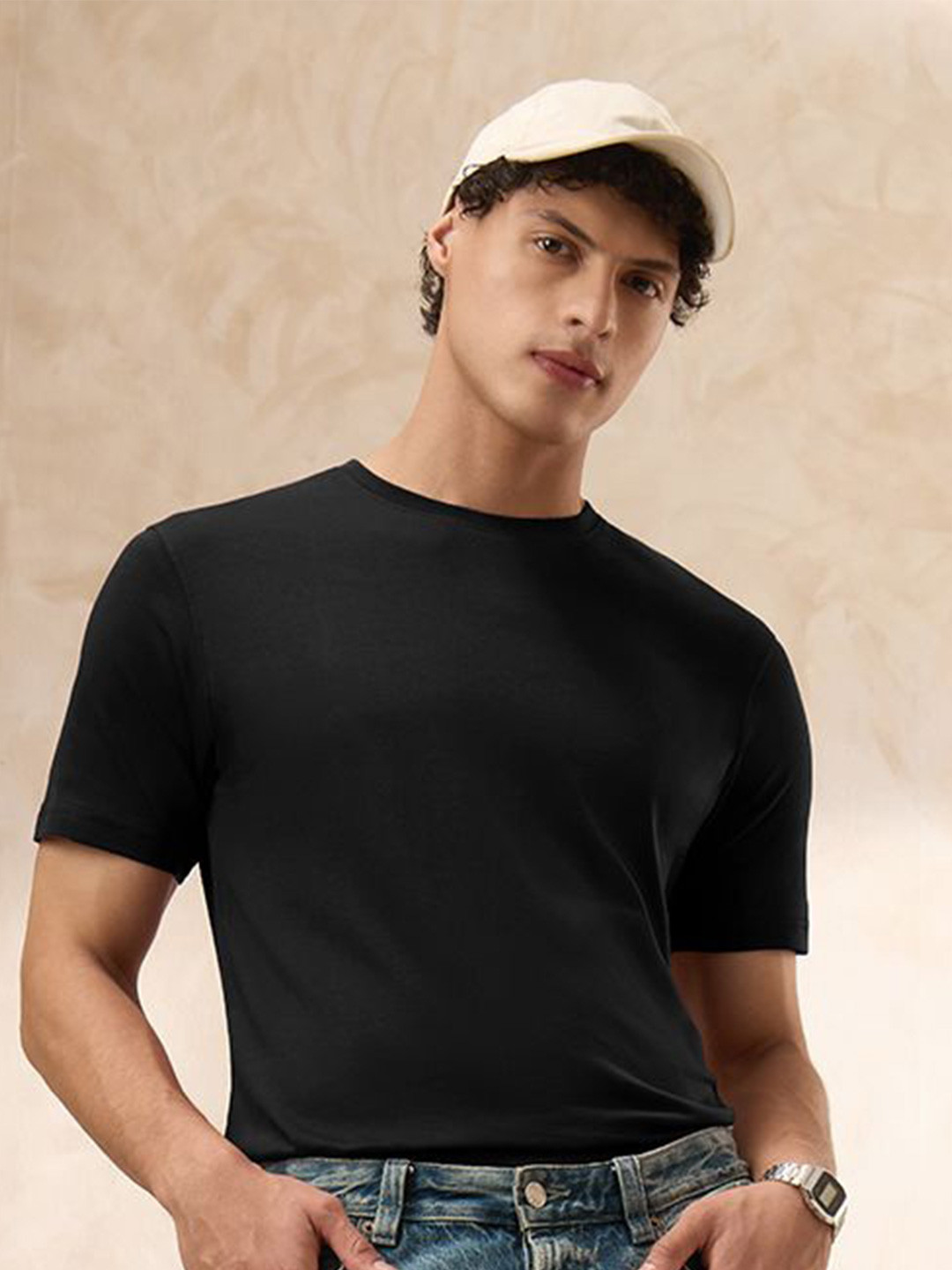 The Souled Store Jet Round Neck Pure Supima Cotton T-Shirt