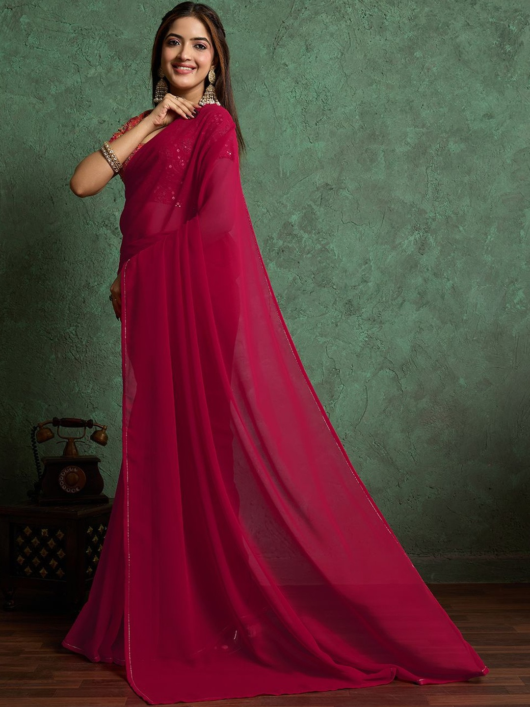 100 Dreams Solid Zari border Saree with Embroidered Blouse