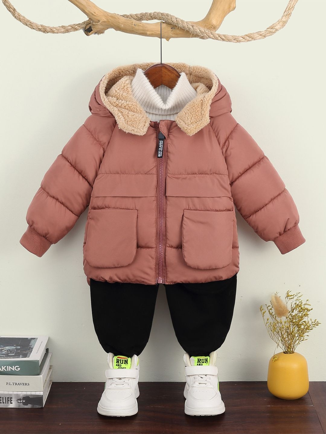 YK Girls Brown Fleece Hoodie Puffer Jacket