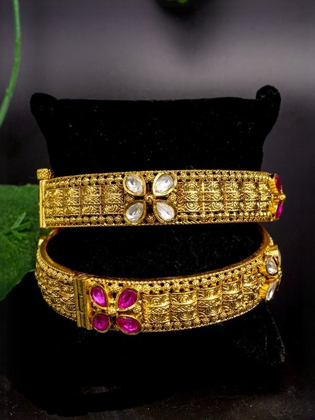 Richlook Set Of 2 Gold-Plated Kundan & Ruby Stone-Studded Bangles