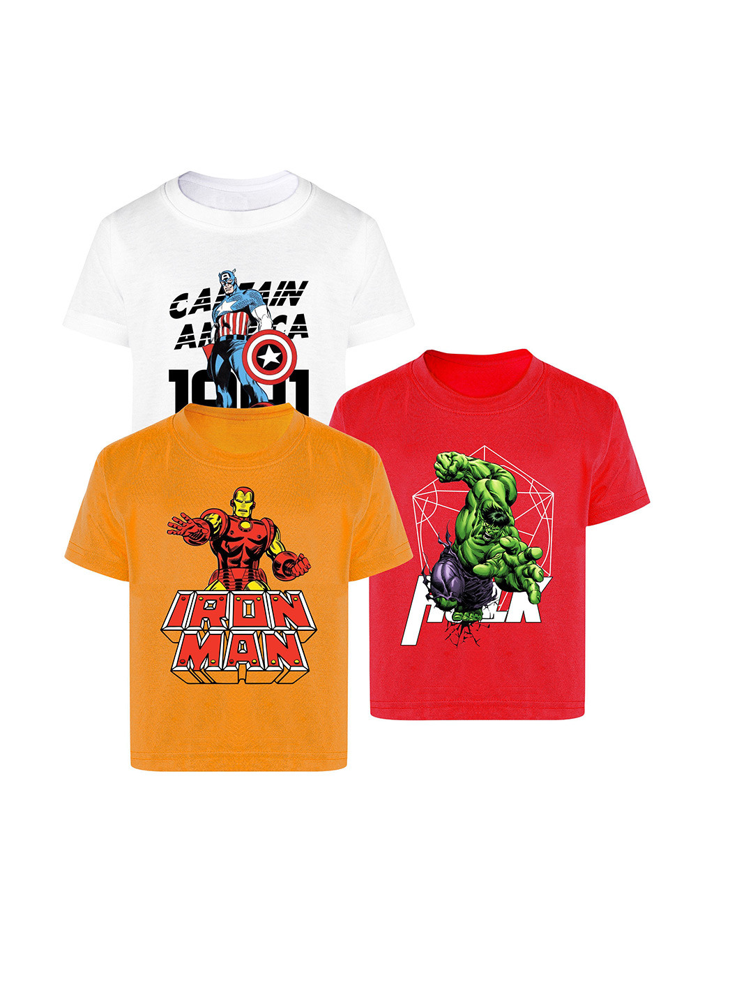 YK Marvel Boys Pack of 3 Iron Man & Spiderman Bio Finish Graphic Printed Cotton T-shirts