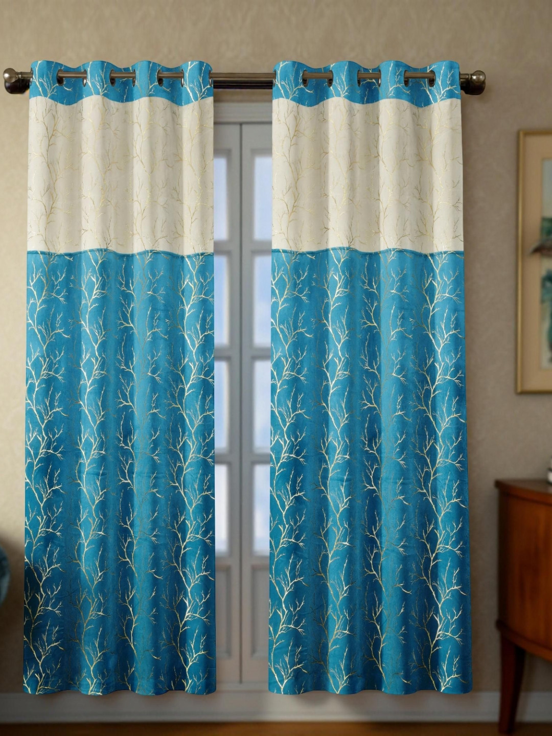 Aura Turquoise Blue & Cream-Coloured Printed Black Out 2 Pieces Door Eyelet Curtains