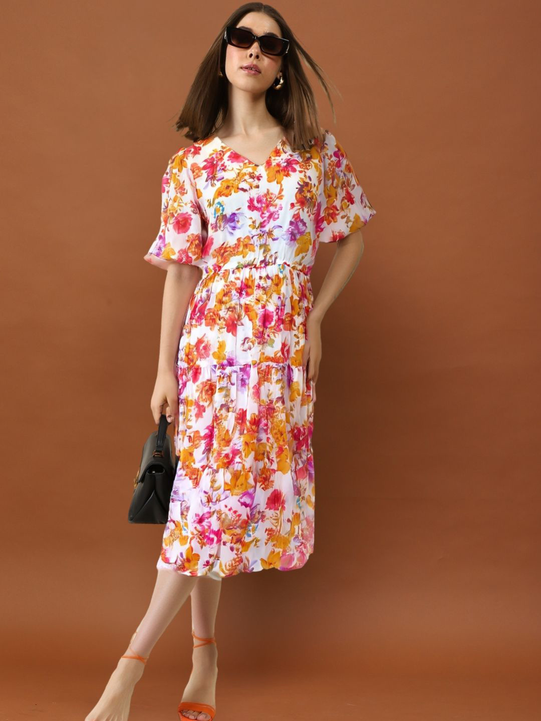 Sera Women Floral Printed Bloom Vibes Flowy, Fun & Fab Chiffon Midi A-Line Dress