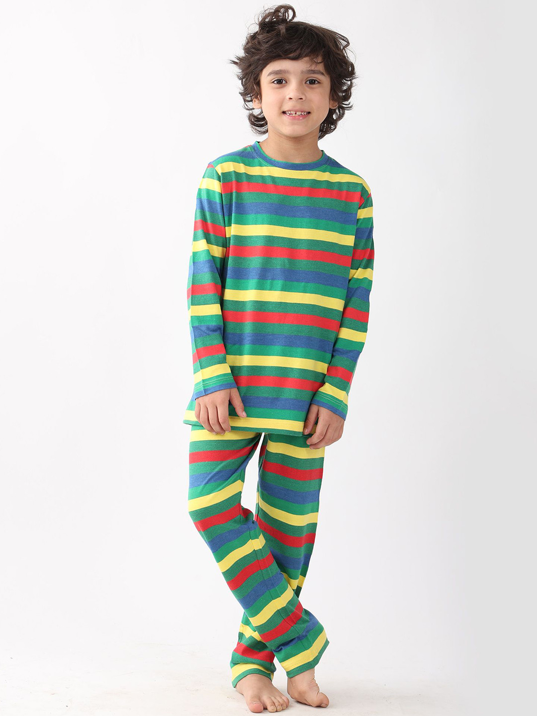 Anthrilo Boys Green Yellow Red Striped Pyjamas Set