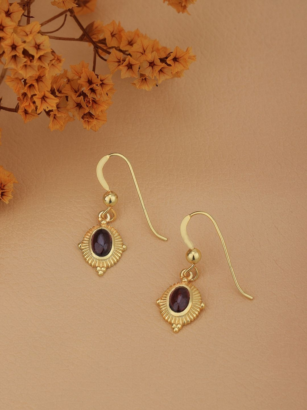 House of Pataudi 925 Sterling Silver 18KT Gold-Plated Garnet Oval Shaped Drop Earrings