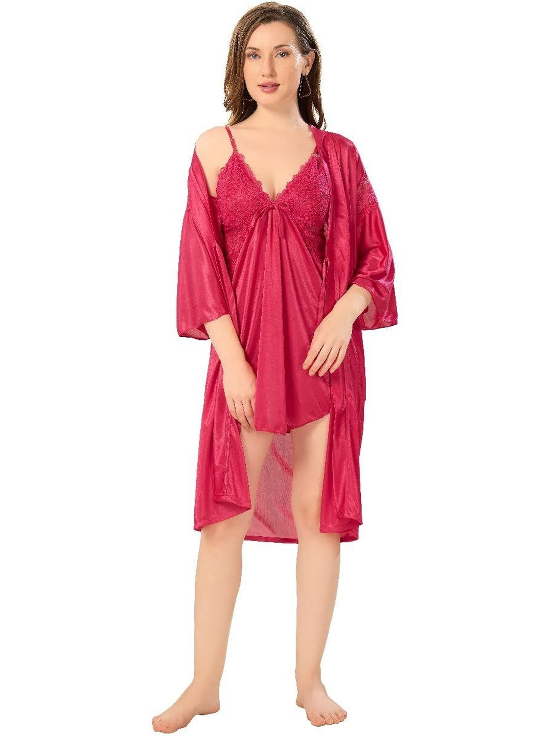 ZIUM Women Red Lace V-Neck Sleeveless Satin Nightdress With Robe