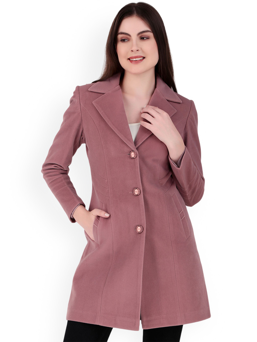 Brazo Women Notched Lapel Collared Long Sleeves Hip Length Overcoat