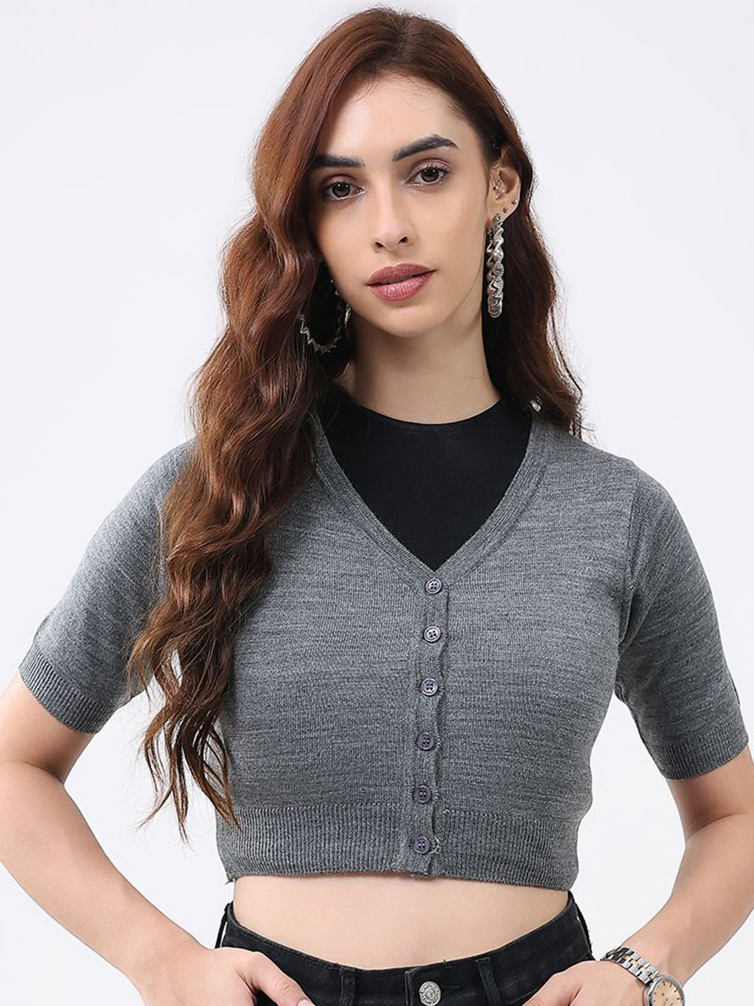Monte Carlo Women V Neck Half Sleeve Crop Cardigan