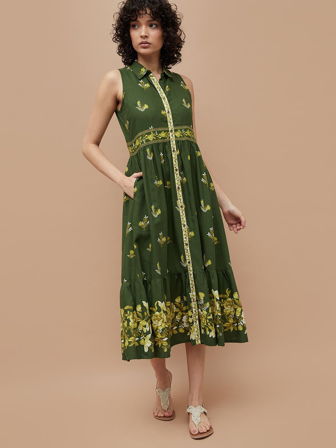 Colour Me by Melange Floral Printed Shirt Collar Pleated Detail A-Line Midi Dress