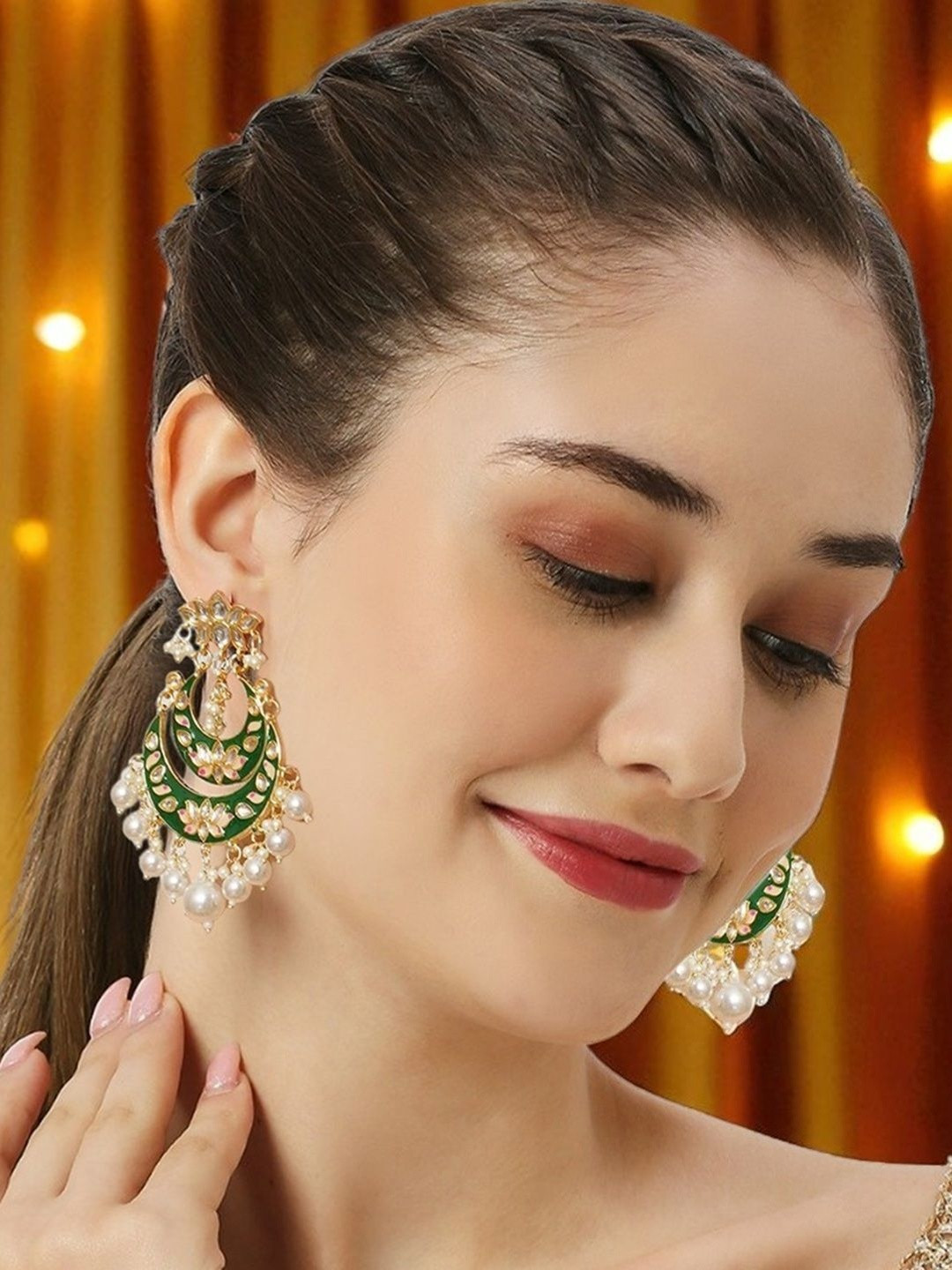 Anouk Metal Kundan Stuidded And Pearls Beaded Floral Meenakari Chandbalis