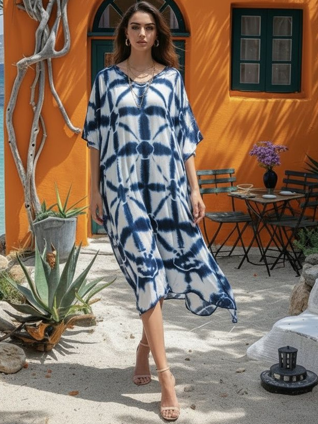 CORSICA Women Shibori Dyed Extended Sleeves Calf Length Kaftan Kurta