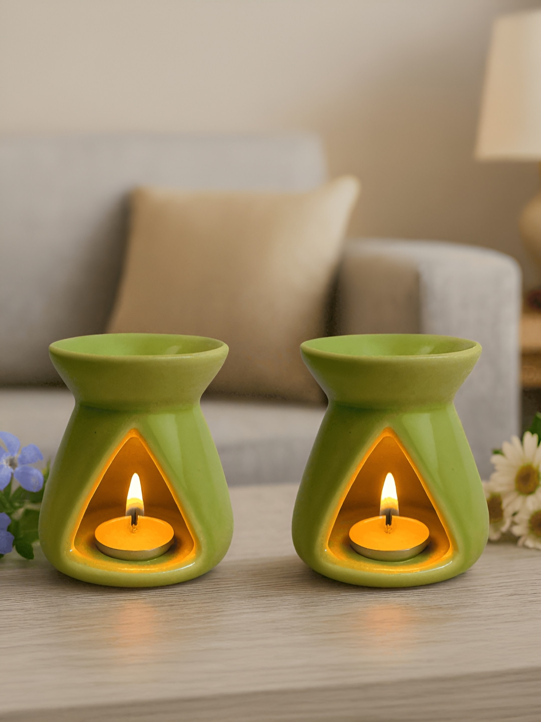 HABERE INDIA 6-Pcs Green Ceramic Diffuser With T-Light & Aroma Oil 10 ml Each