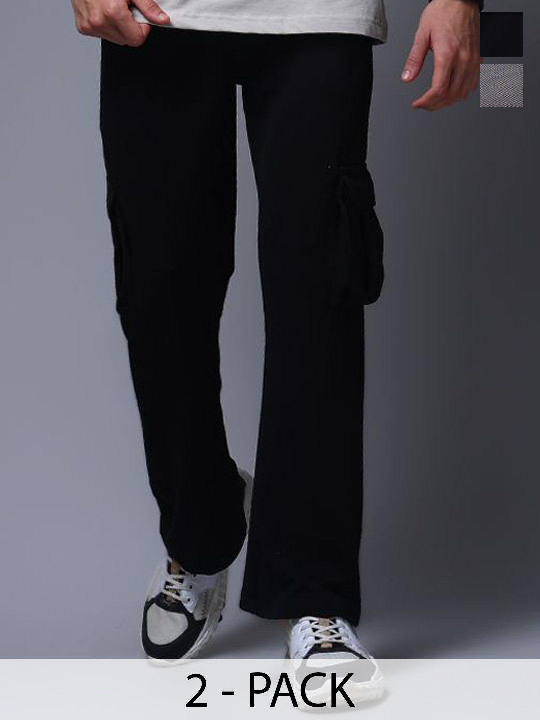 MADSTO Men Solid Pack Of 2 Cotton Mid-Rise Straight-Fit Cargo Type Trackpants