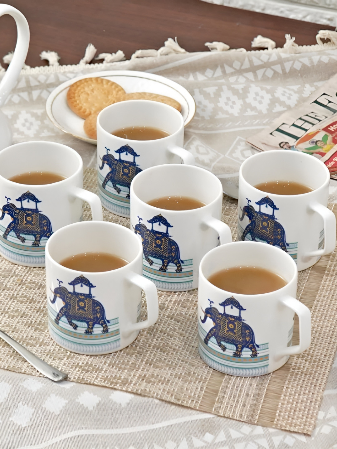 Femora Blue & White 6 Pieces Light Up Printed Ceramic Glossy Cups 180 ml