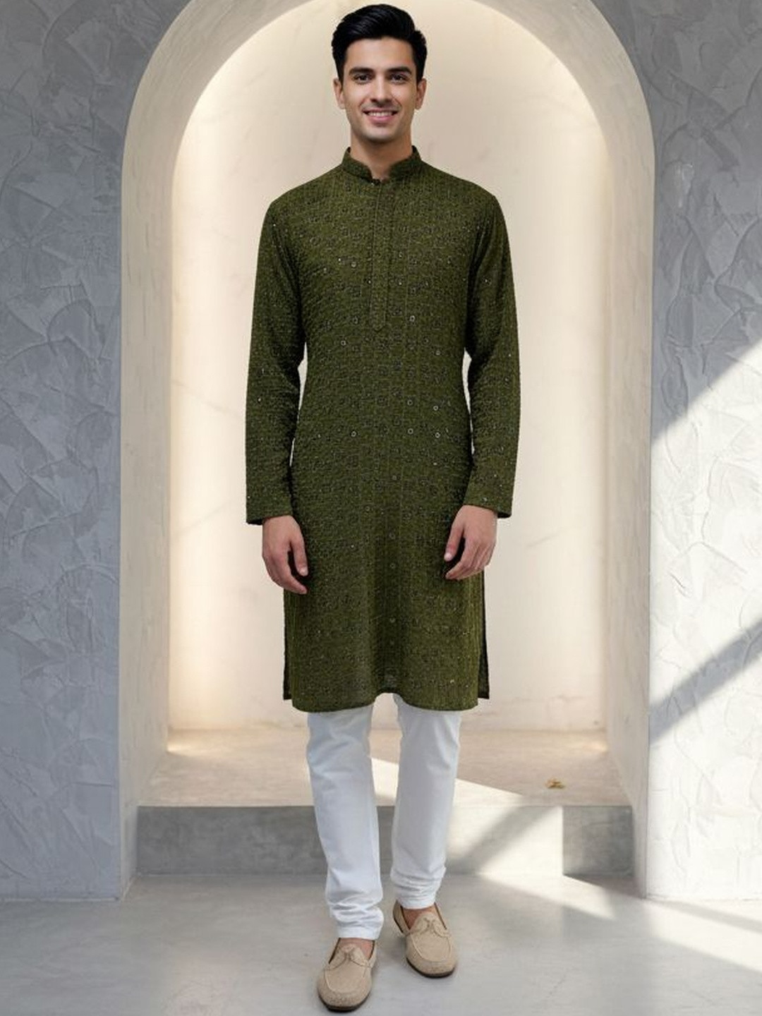 JUGG JUGG JEEYO Men Ethnic Motifs Embroidered Chikankari Wedding Kurta with Churidar
