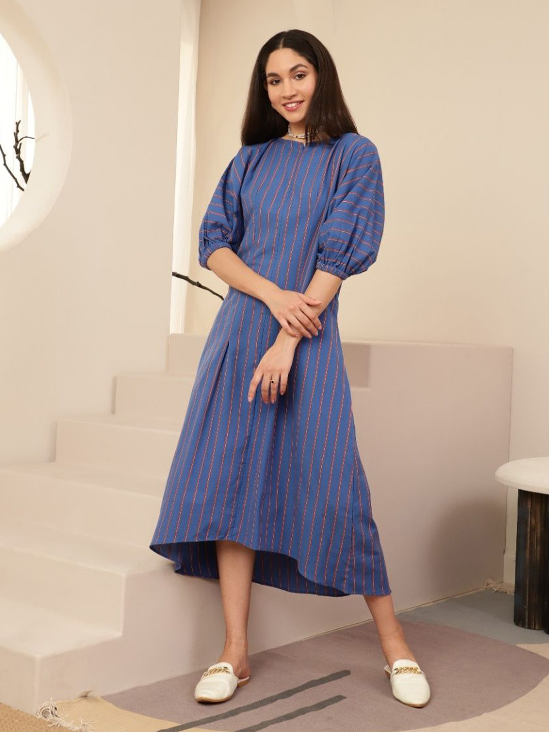 SANAITA CREATIONS Women Striped Puff Sleeve Zip Neckline Midi A-Line Dress