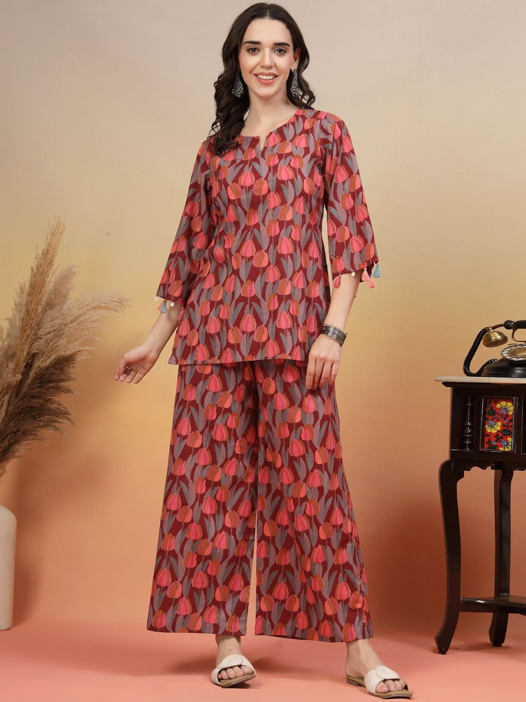KALINI Women Tulip Printed Cotton Tunic With Palazzo Co-Ord Set For Women