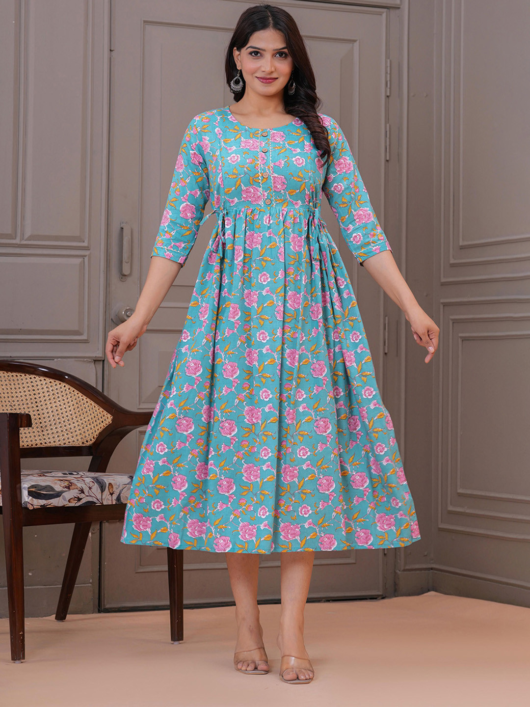 RILAKE Floral Print Fit & Flare Gathered or Pleated Lace Midi Maternity Dress