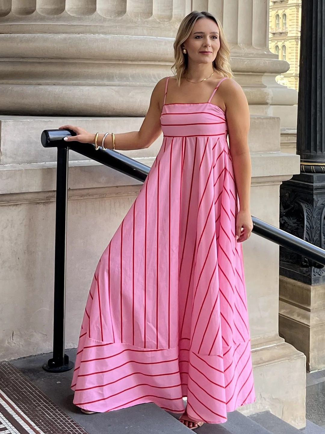 SHEETAL Associates Women Striped Shoulder Straps Crepe Gown Maxi Dress