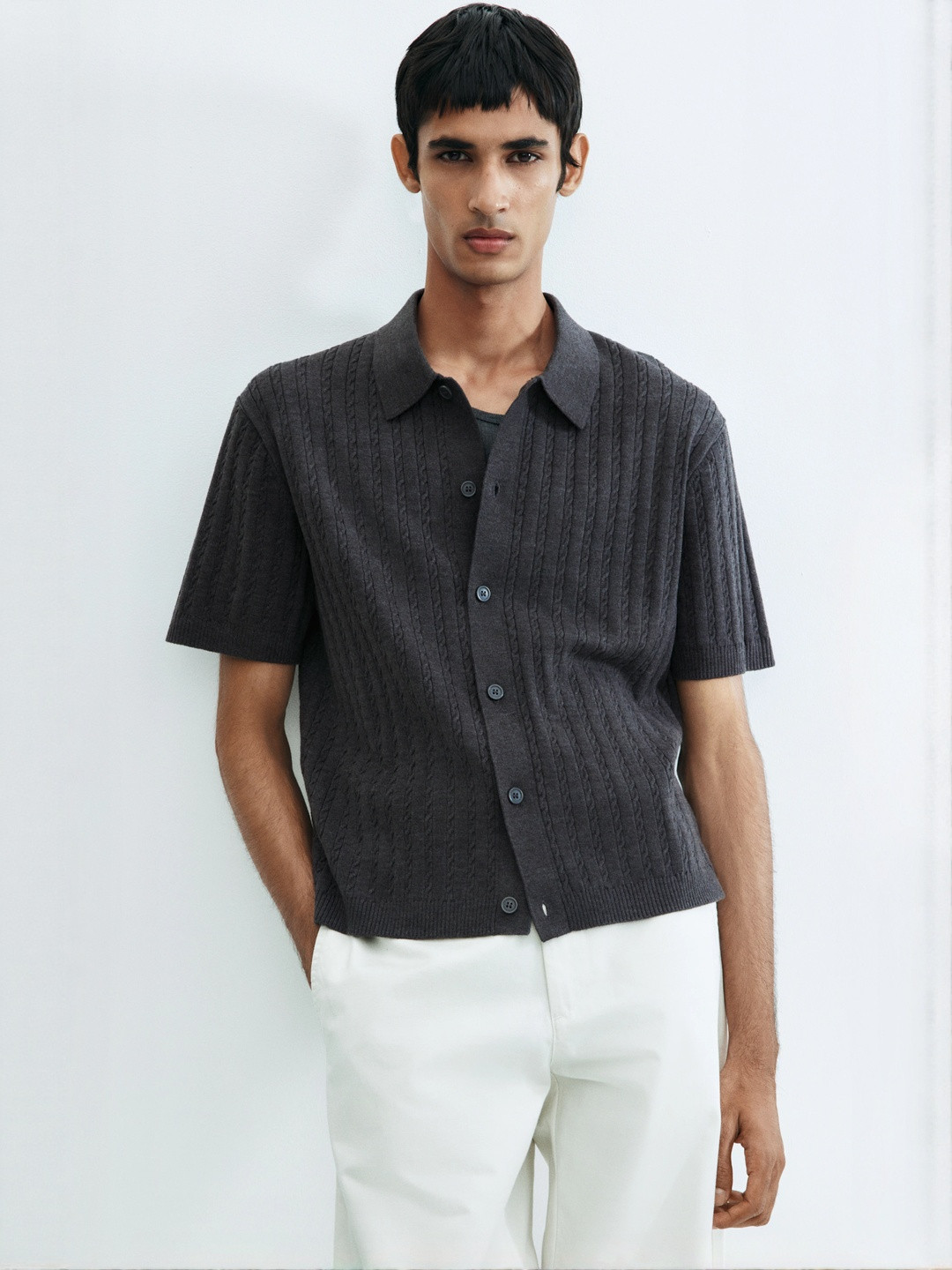 H&M Regular Fit Cable-knit Short-Sleeved Shirt